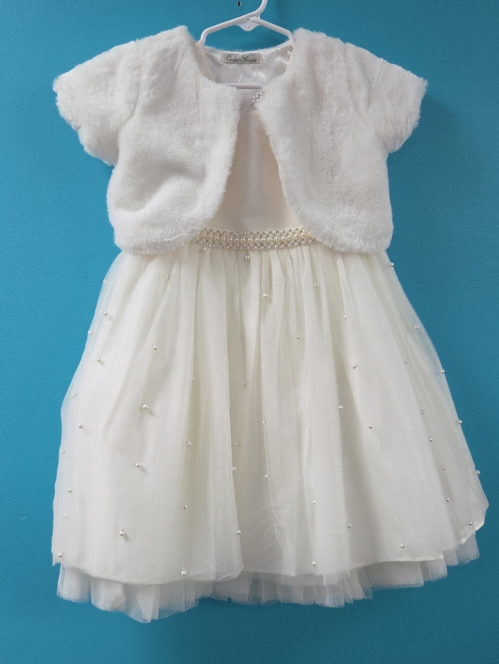 Ivory Pearl-Trim Tulle Dress with Faux-Fur Bolero for Girls